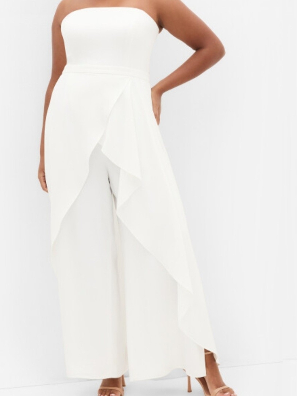City Chic Ivory Strapless Wide-Leg Jumpsuit with Draped Overlay - Picture 5 of 15